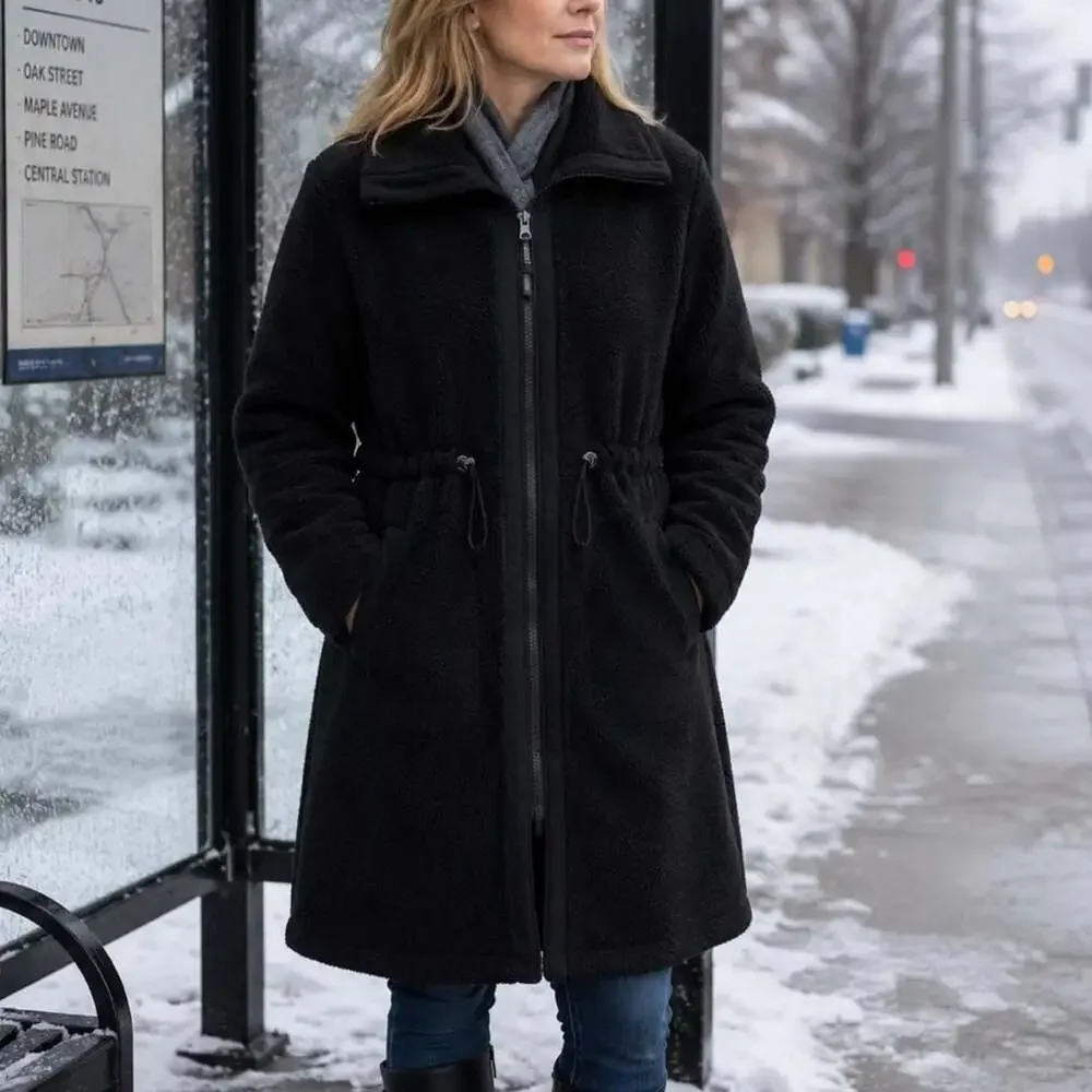 H&M Faux Fleece Teddy Long Coat Charcoal Grey